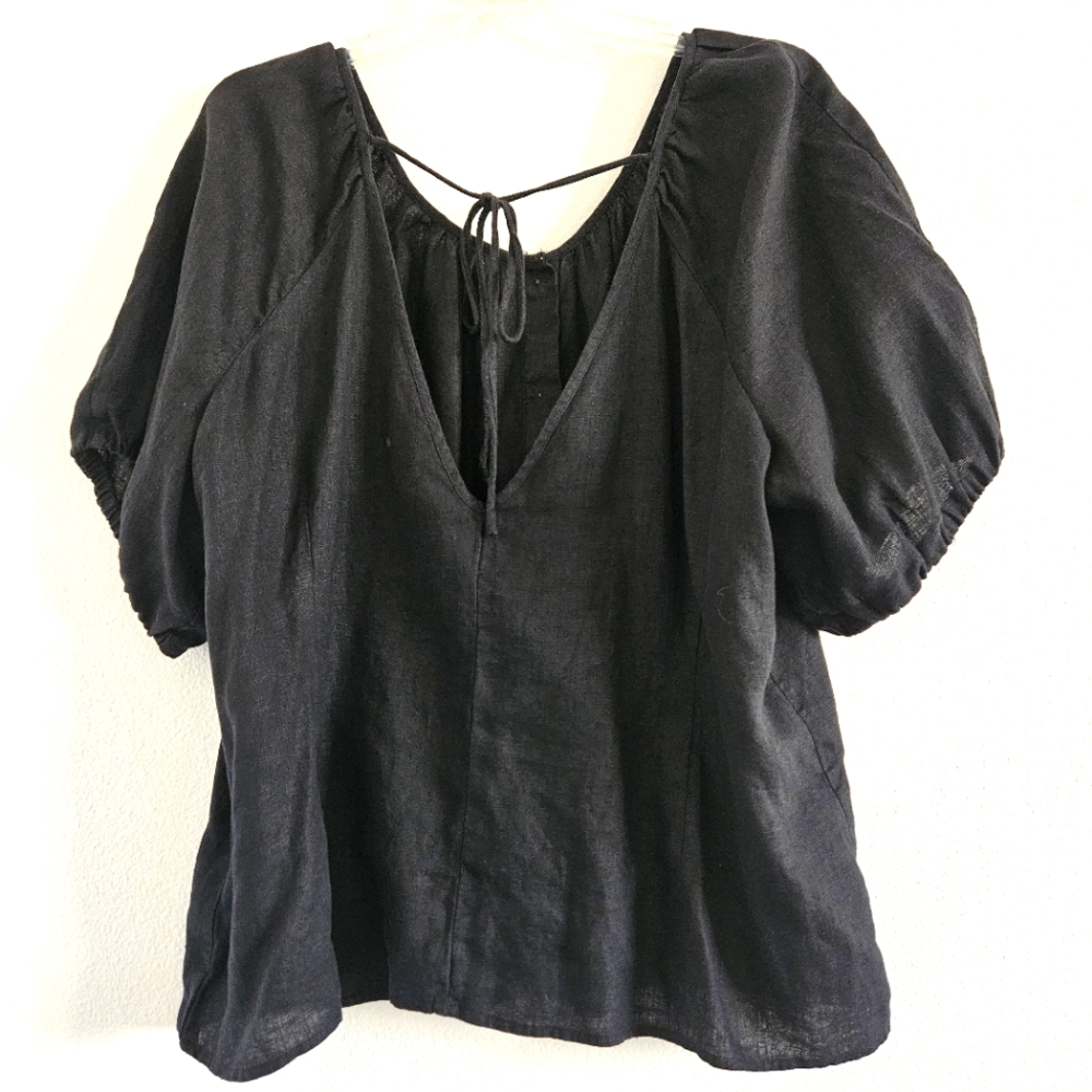 J. Crew Black Linen V-neck Tie Back Blouse